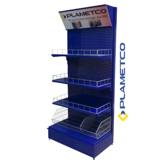 Stand modular cu spate din tablă perforată și polițe